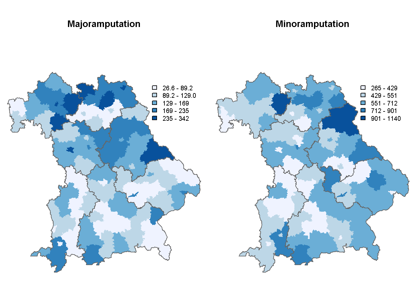 Bayernkarten für die Amputationsrate unter Menschen mit Diabetes auf Kreiseebene im Jahr 2015.